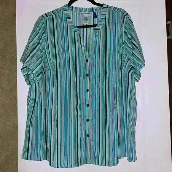 1X plus size Catherine's striped blouse plus blues greens flowy beachy - Picture 1 of 4